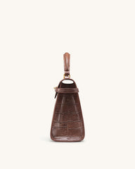 Elise Large Croc-Embossed Top Handle Bag - Chestnut Brown