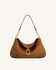 Jayla Faux Suede Metal Pendant Embellished Shoulder Bag - Brown
