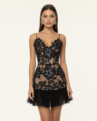Floral Sling Mini Dress - Black