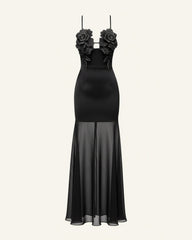 3D Floral Strappy Mesh Maxi Dress - Black