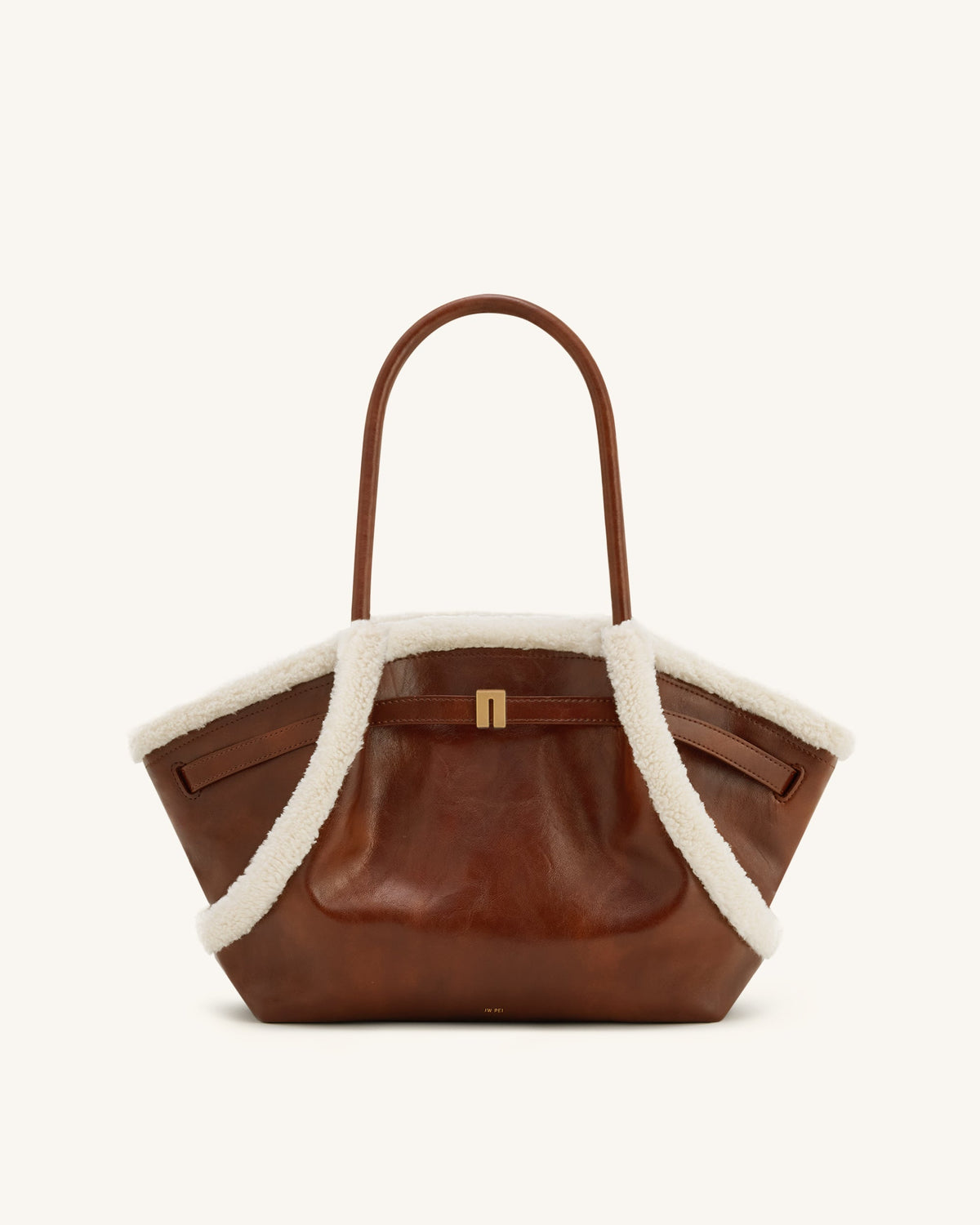 Hana Medium Faux Shearling Trim Tote Bag - Brown