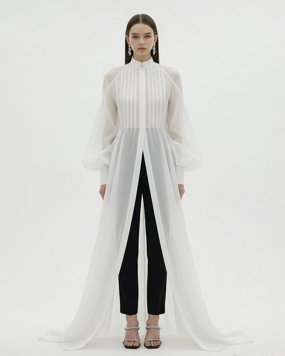 Sheer Pleated Bishop Sleeve Maxi Cape Overlay - White