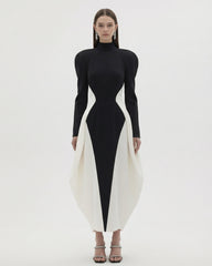 Contrast Paneled High-Neck Power-Shoulder Midi Dress - Black & White