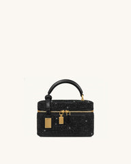 Cleo Artificial Crystal Box Shape Top Handle Bag - Black